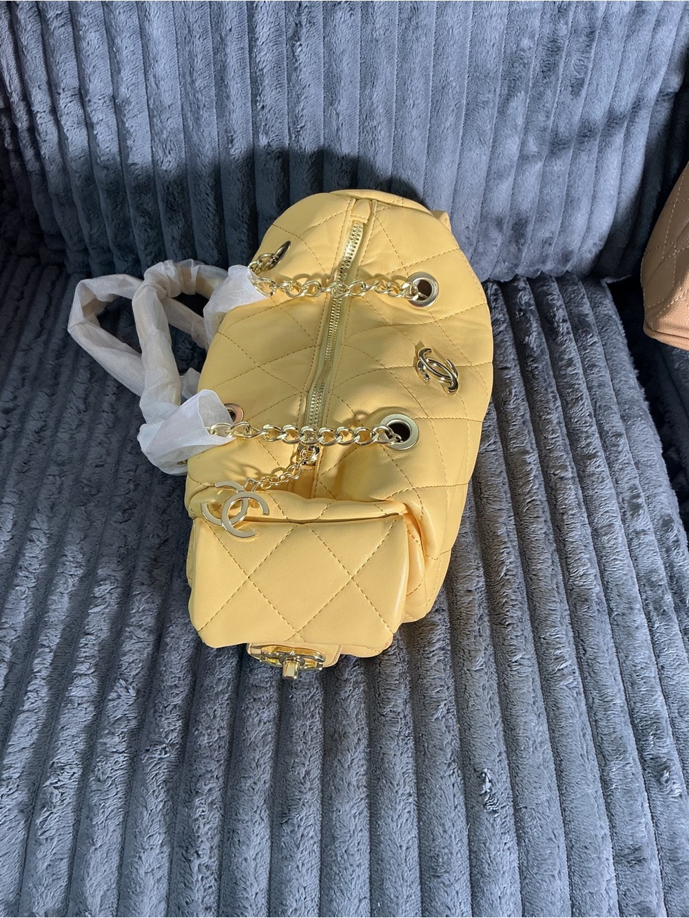 Yellow Quilted Shoulder Bag with Gold Chain Strap